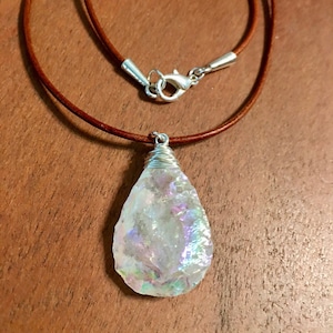 Large Raw Angel Aura Quartz Necklace on Greek leather cord