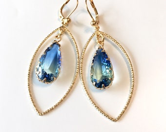 Long Earrings Ombre Aquamarine Hydroquartz narrow drops in marquis halo