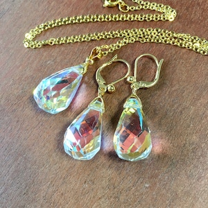 Vintage crystal jewelry set or just the earrings or just the necklace any length in Gold