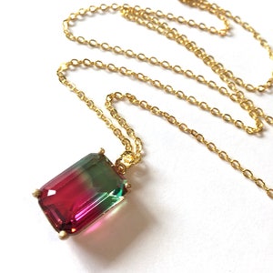 Necklace Ombre Watermelon Tourmaline Hydroquartz Emerald cut pendant