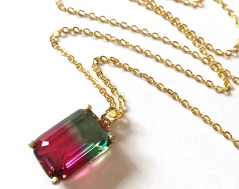 Necklace Ombre Watermelon Tourmaline Hydroquartz Emerald cut pendant