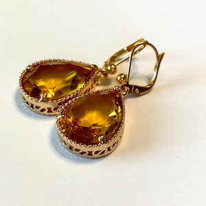 Earrings Citrine quartz drops in bezel setting on lever back ear wires citrine topaz