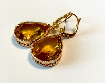 Earrings Citrine quartz drops in bezel setting on lever back ear wires citrine topaz