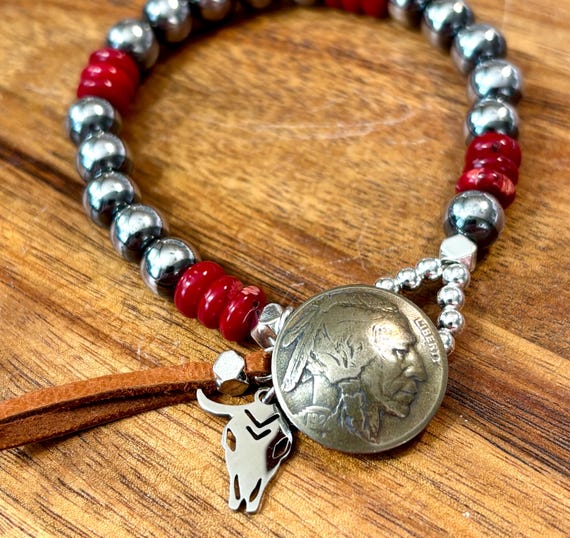 Red Coral Bracelet with real Indian head Nickel Button Closure