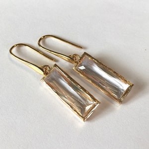 Earrings Clear quartz rectangular drops in bezel setting on hook earwires