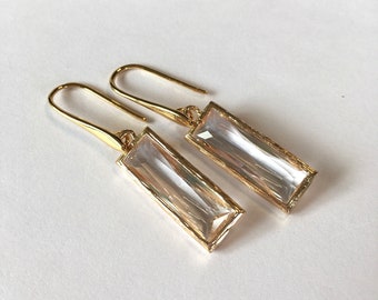 Earrings Clear quartz rectangular drops in bezel setting on hook earwires
