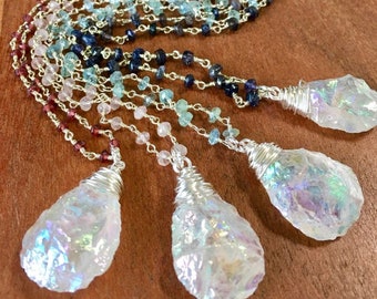 Raw Angel Aura Quartz Necklace on a gemstone rosary chain your choice aquamarine, rose quartz, garnet, iolite