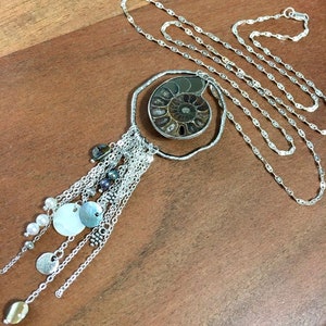 LONG Ammonite, pearl, abalone and shell Necklace