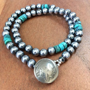 22-1/2" Turquoise and Navajo style Pearls 22-1/2" Necklace with Real USA Indian Nickel Button simple choker design premium turquoise