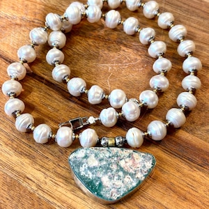 Ancient Roman Glass necklace with vintage banded white pearls 20&quot;
