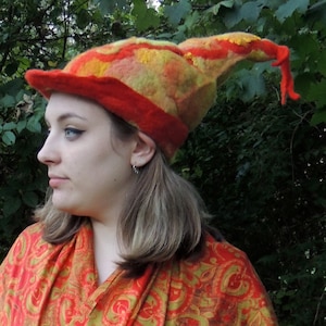 Woodland Fairy hat in fire colors of red, orange, light green, yellow and gold