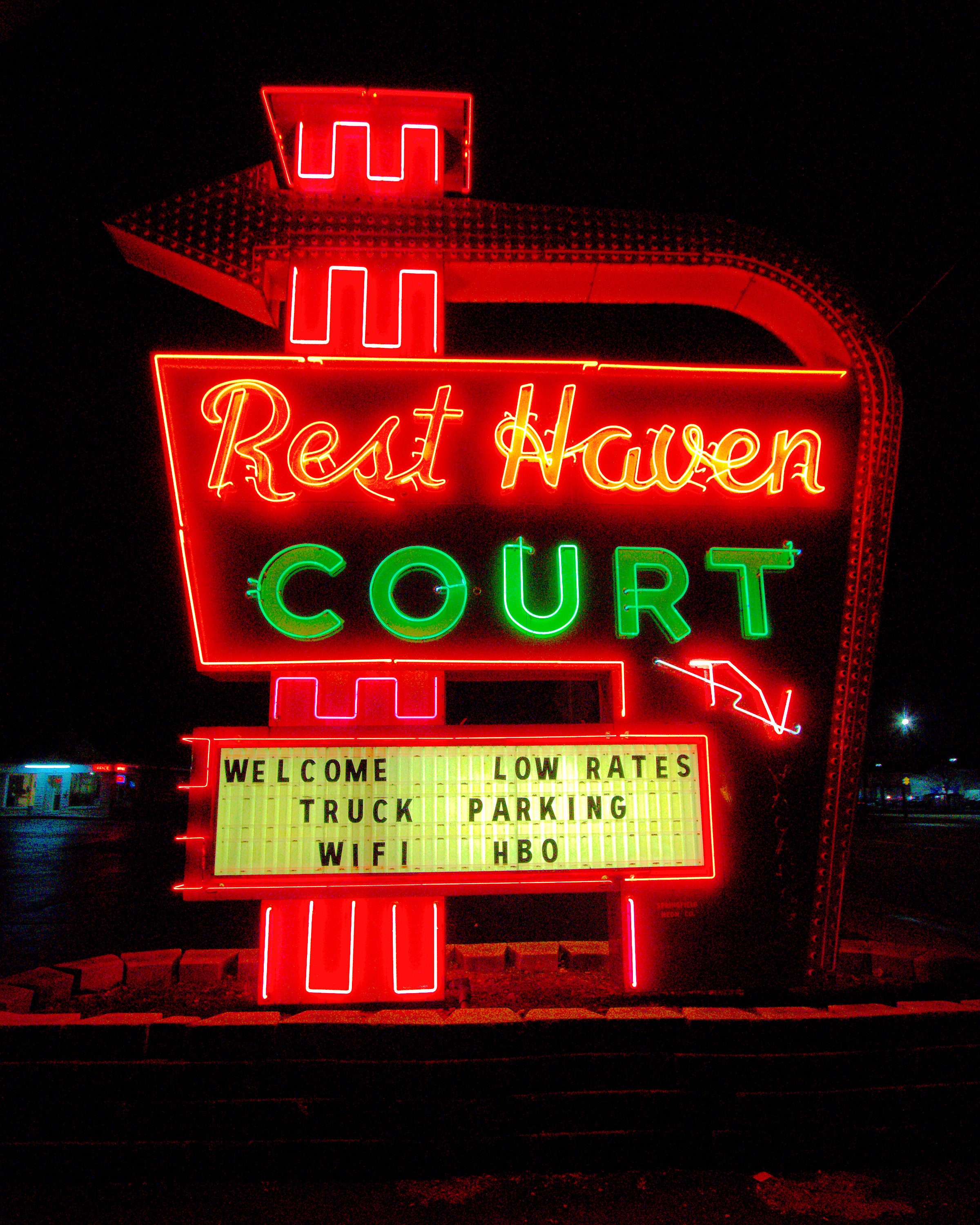 Route 66 and Their Classic Neon Sign at the Rest Haven Motel