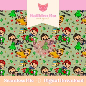 May include: Seamless digital download file featuring a repeating pattern with cartoon characters, bananas, cars, and rocket ships on a light green background. The characters are wearing red caps and the text "UNSPEAKABLE" is visible. The words "Seamless File" and "Digital Download" are also present.