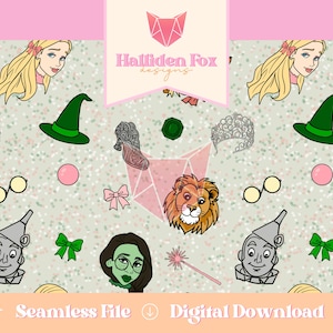 May include: A seamless pattern featuring illustrations of characters and elements from The Wizard of Oz. Includes Dorothy, the Tin Man, the Cowardly Lion, a green witch, a green witch's hat, and other iconic imagery.