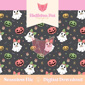 Spooky Cute Girly Ghost Pumpkin Christmas Seamless Repeatable Digital Pattern | Holiday Background | Christmas Halloween Printable Design