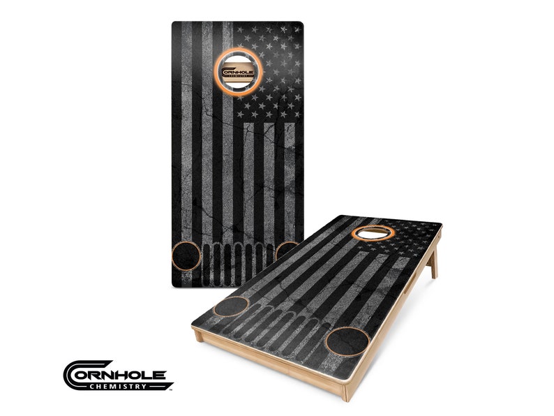 Regulation Cornhole Boards UV Printed 2 Jeep Wrangler Flag Orange Glow FAST FREE Shipping Wedding, BBQs, and more Bags not included. Cornhole Boards ONLY