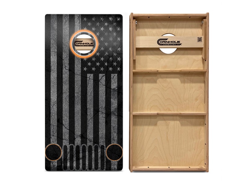 Regulation Cornhole Boards UV Printed 2 Jeep Wrangler Flag Orange Glow FAST FREE Shipping Wedding, BBQs, and more Bags not included. image 2