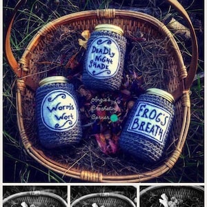 Frasco de bruxa de Halloween cobre padrão de crochê, padrão de crochê, sombra noturna mortal, respiração de sapo, erva de verme, padrão de crochê de Halloween