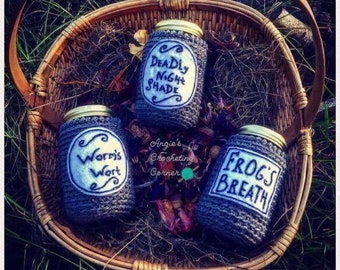 Halloween Witch Jar Covers Crochet Pattern, Crochet Pattern, Deadly Night Shade, Frog's Breath, Worm's Wort, Halloween Crochet Pattern