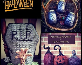 Lot de motifs d'Halloween au crochet, citrouilles fantaisistes, pierre tombale de cimetière, pots de sorcière, motifs au crochet. Lot de motifs