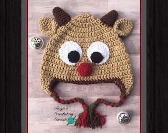 Modèle au crochet de chapeau de renne, motif renne au nez rouge, motif de Noël au crochet, chapeau de renne au crochet, motif au crochet