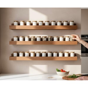 May include: Wooden shelves displaying rows of spice jars with wooden lids. The jars are labeled with white labels. A person is reaching for a jar on the middle shelf. A bowl of tomatoes and herbs is on the counter.