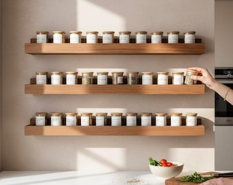 Spice Display Shelf | Handmade Solid Wood Spice Rack | Wall Mounted Floating Spice Shelf for Kitchen Organization