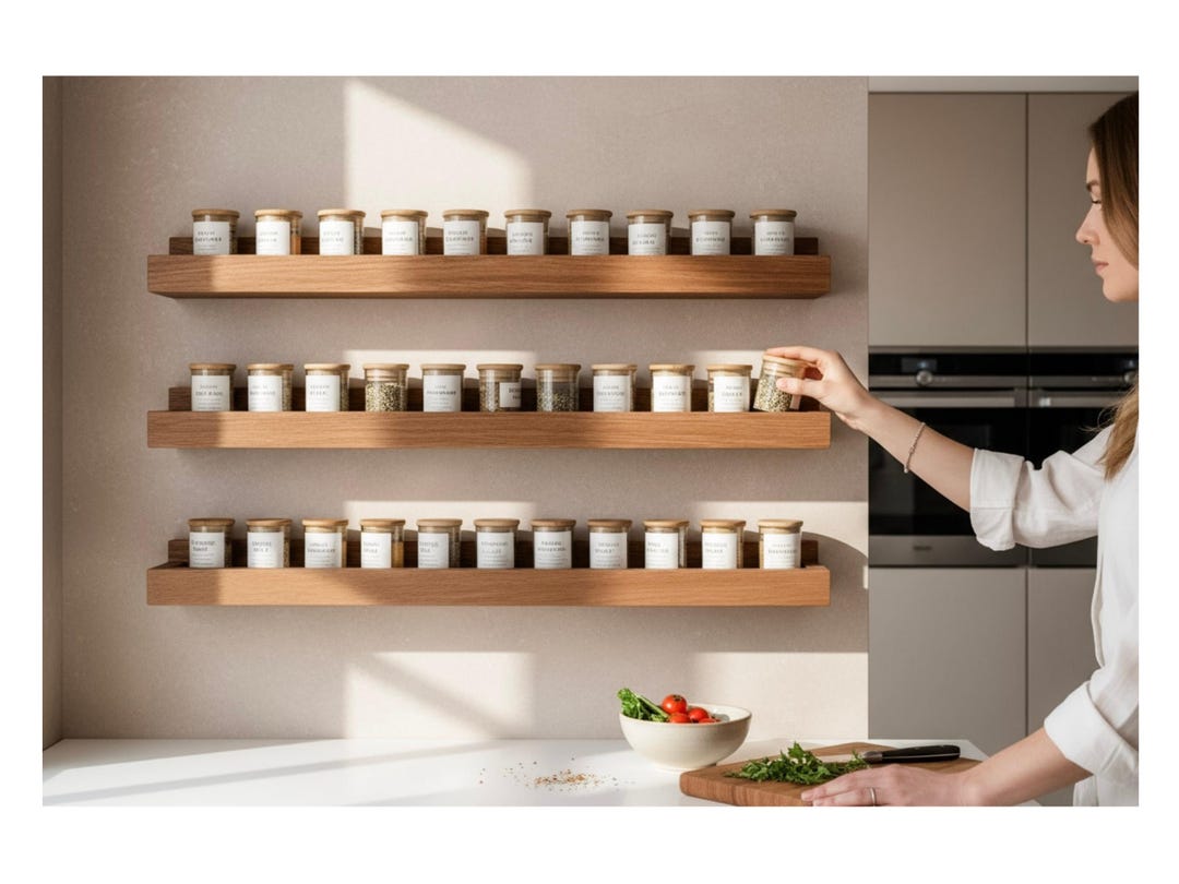 Spice Display Shelf | Handmade Solid Wood Spice Rack | Wall Mounted Floating Spice Shelf for Kitchen Organization - Ash, 12"