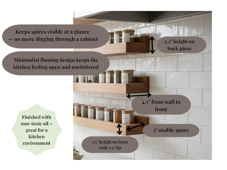 May include: Wooden spice rack with three shelves, each holding spice jars. The design is minimalist and floating, with dimensions of 4.5 inches from the wall to the front, 2.5 inches height on the back piece, and 1.5 inches height on the front with a 3/4 inch lip.