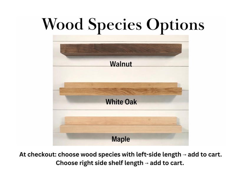 May include: Image showing three wooden shelves: walnut, white oak, and maple. The text "Wood Species Options" is at the top. Below each shelf, the wood type is labeled. Instructions are at the bottom: choose wood species and shelf length.