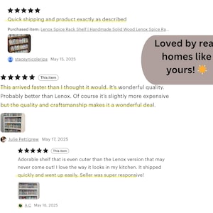 May include: Image of customer reviews for a spice rack shelf. The reviews include text and star ratings. The text includes phrases like "Quick shipping" and "Loved by real homes like yours!"