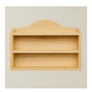 May include: A natural wood wall shelf with two shelves and a decorative arched top. The shelf is made of light-colored wood and is designed for displaying items. The shelves are approximately 12 inches wide.