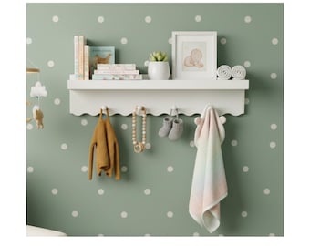 Scalloped Nursery Shelf with Hooks | Baby Book Ledge & Wall Hooks | Nursery Shelf | Storage shelf for kid's room