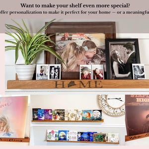 May include: A set of three wooden shelves with various items displayed. The top shelf has a plant, framed photos, and the word "HOME" engraved. The middle shelf has a collection of books. The bottom shelf has two vinyl records, one with the album cover "Lover" by Taylor Swift and the other with the album cover "HIGHER" by Stapleton.