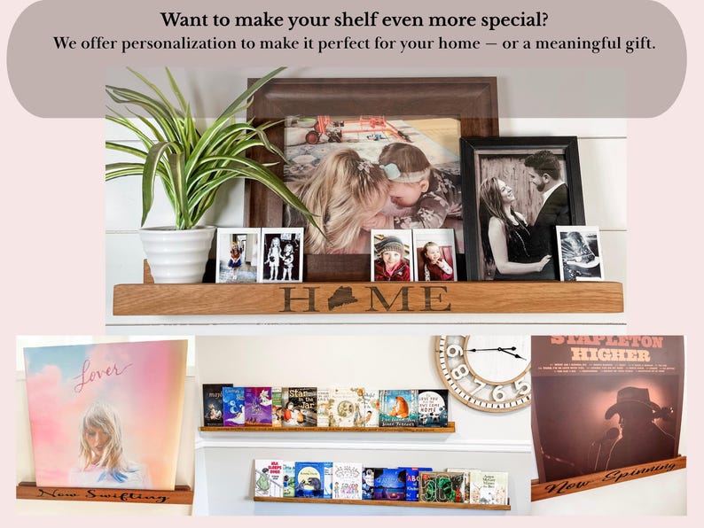 May include: A set of three wooden shelves with various items displayed. The top shelf has a plant, framed photos, and the word "HOME" engraved. The middle shelf has a collection of books. The bottom shelf has two vinyl records, one with the album cover "Lover" by Taylor Swift and the other with the album cover "HIGHER" by Stapleton.