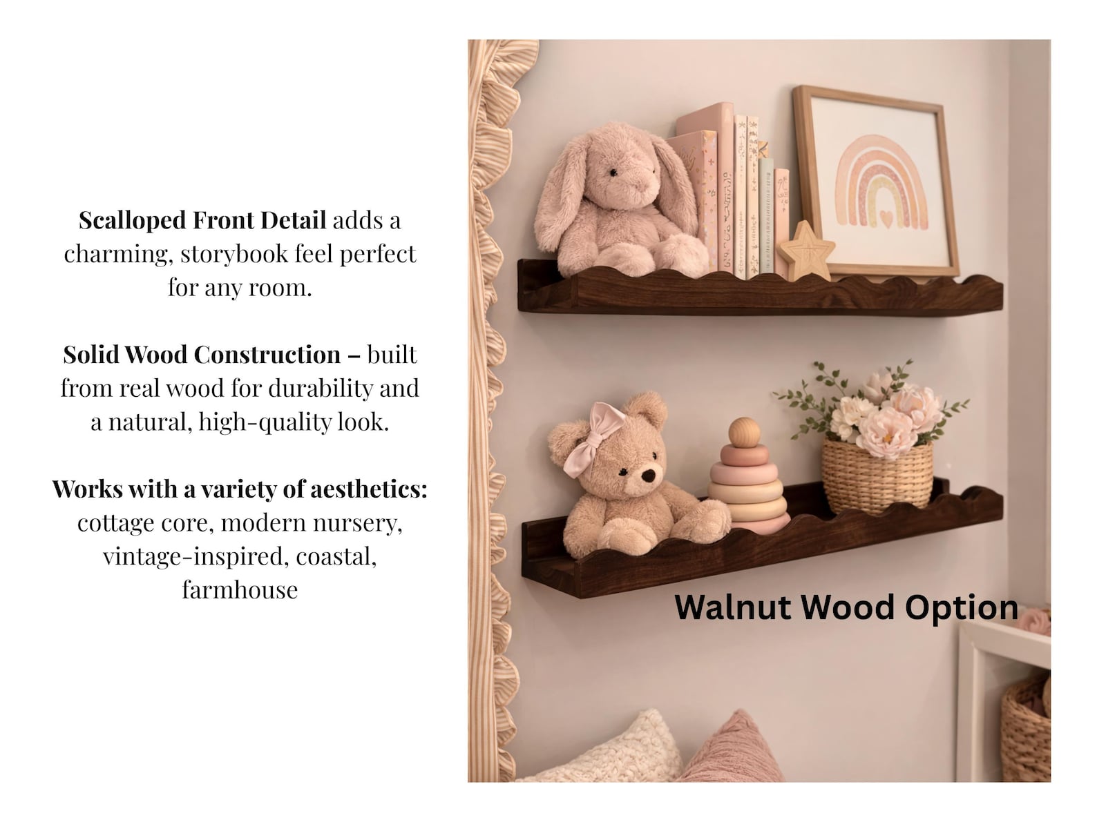 Scalloped Picture Ledge Shelf (24 in x 3 in Walnut) | Solid Hardwood Floating Shelf | Decorative Wall Shelf |Book Display Ledge | for Home Decor - Walnut, 24", 3"