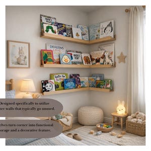 May include: A child's bedroom with light wood corner shelves filled with colorful books. A framed bunny print hangs on the wall. The text on the image says, "Designed specifically to utilize corner walls that typically go unused. Shelves turn corner into functional storage and a decorative feature."