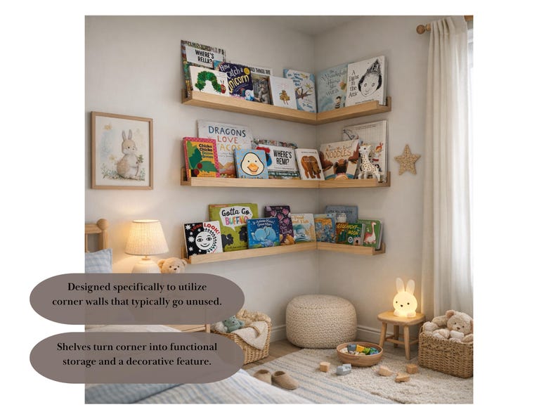 May include: A child's bedroom with light wood corner shelves filled with colorful books. A framed bunny print hangs on the wall. The text on the image says, "Designed specifically to utilize corner walls that typically go unused. Shelves turn corner into functional storage and a decorative feature."