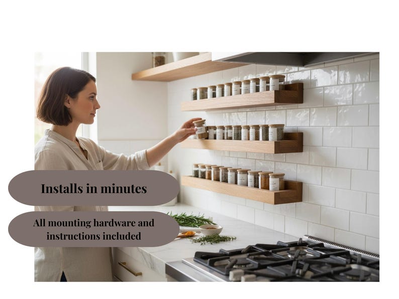 May include: A woman reaching for a spice jar on a wooden shelf. The kitchen features three wooden spice racks mounted on a white tiled wall. Each shelf holds multiple spice jars with wooden lids. The text "Installs in minutes" is visible.
