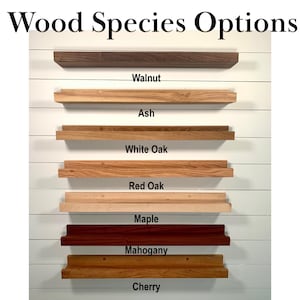 May include: Image showcasing various wood species options for shelves. The image displays samples of Walnut, Ash, White Oak, Red Oak, Maple, Mahogany, and Cherry. The text "Wood Species Options" is at the top.
