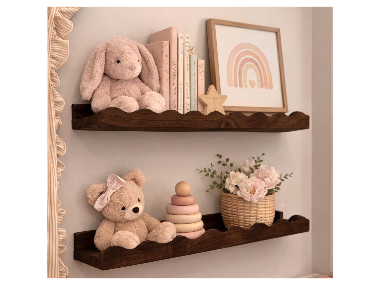 Scalloped Picture Ledge Shelf | Solid Hardwood Floating Shelf | Decorative Wall Shelf |Book Display Ledge | for Home Decor - Walnut, 12", 4"