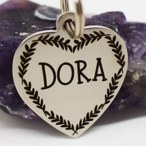 Engraved Heart Pet ID Tag: Flower Design, Stainless Steel