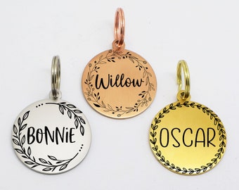 Sucre Tags Double side engraved ID name Flower Wreath Floral Design Round Disk personalising engraving pet dog cat tag tags- 5 colours