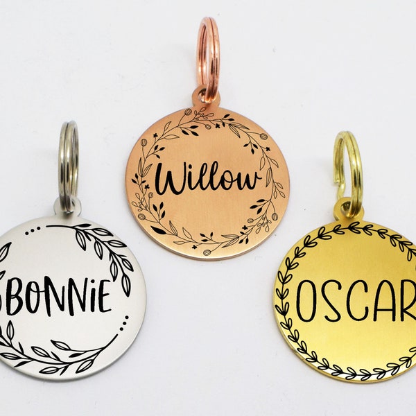 Sucre Tags Double side engraved ID name Flower Wreath Floral Design Round Disk personalising engraving pet dog cat tag tags- 5 colours