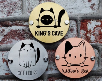 Personalized Metal Cat House Sign: Engraved Kitten Name Plate