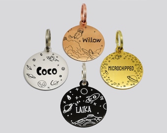 Sucre Tags Double side engraved ID name Space Rocket Universe Design Round Disk personalising engraving pet dog cat tag tags- 5 colours