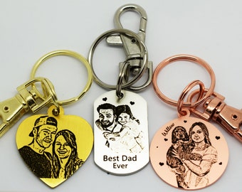 May include: Three personalized photo keychains with different colored metal finishes. The gold keychain is heart-shaped and features a couple. The silver keychain is rectangular and features a father and daughter. The rose gold keychain is round and features a woman and her dog. The text on the silver keychain reads "Best Dad Ever".