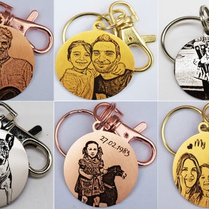 Double side Silver Gift Personalised Keyring design photo engraved Family Pet Dog Cat Sketch Draw Style
