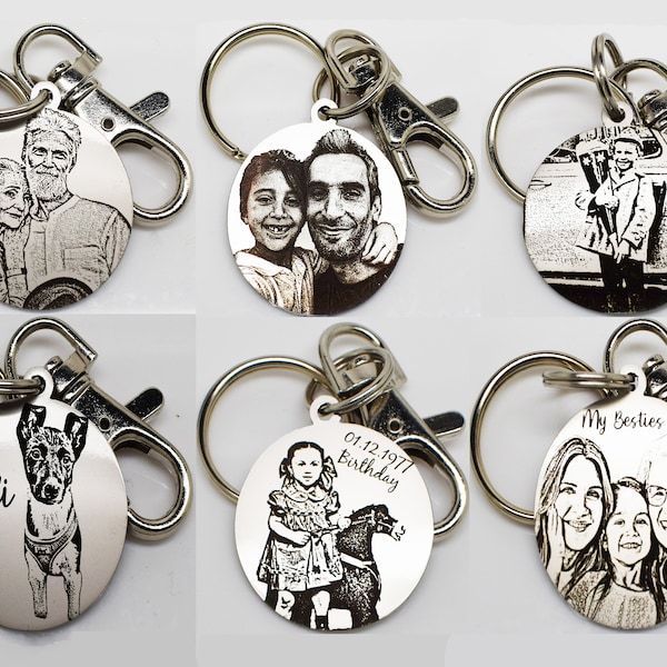 Double side Silver Gift Personalised Keyring design photo engraved Family Pet Dog Cat Sketch Draw Style