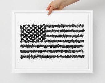 Framed American Flag Canvas Print: Black & White Splatter Art